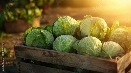Freshly harvested Savoy cabbages in a rustic wooden crate, bathed in golden sunset light.
