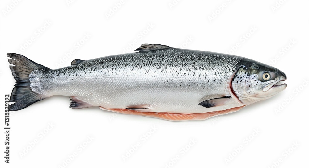 Natural fish colors are highlighted by the side view of a whole, raw salmon with detailed scales against a white background Natural fish colors are highlighted by the side view of a whole, raw salmon with detailed scales against a white background
