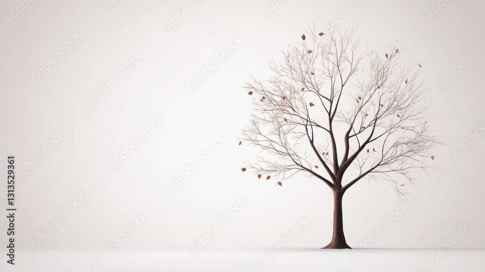 Obraz premium A bare, leafless tree stands alone against a stark white background, a few brown leaves falling.