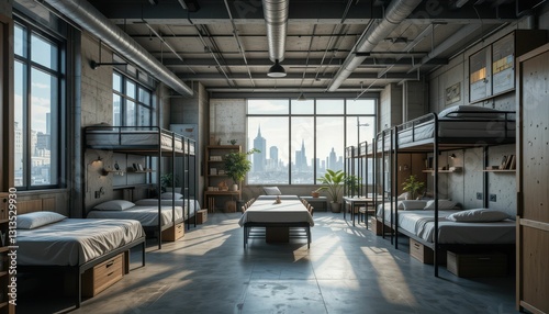 Modern Industrial Hostel Interior with Bunk Beds and City View