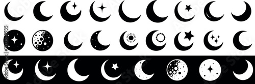 Moon icon vector set, crescent, star, sun, lunar phase and celestial silhouettes illustration, cosmic, astrology silhouette, night sky, Islamic symbol, astronomy illustration