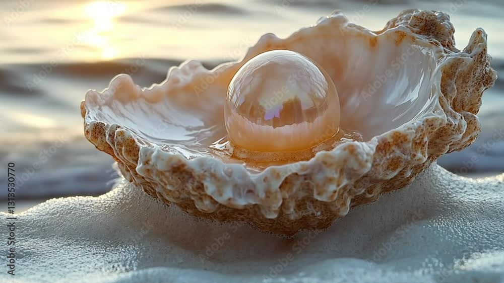 Pearl in seashell at sunrise, beach scene, tranquil moment, photo opportunity