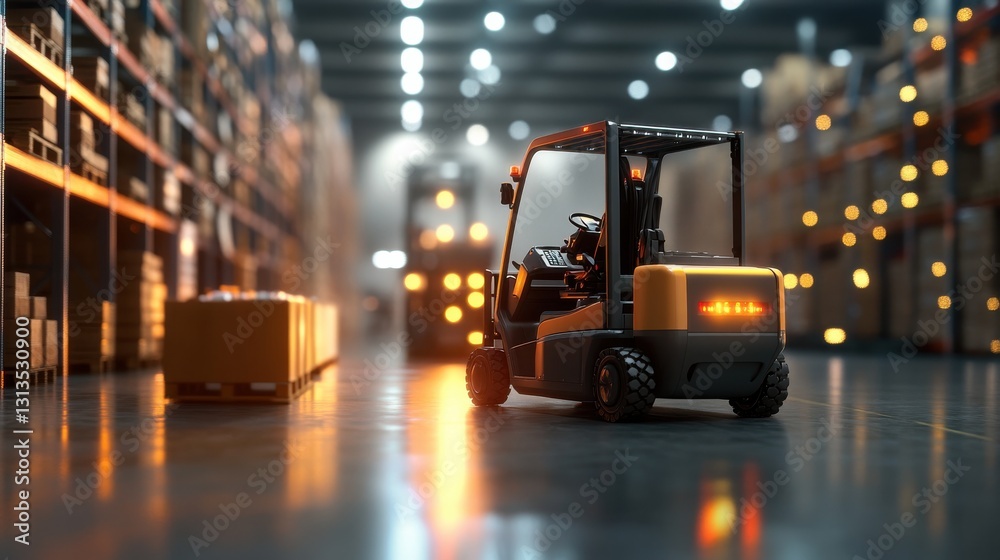 A self-driving forklift transporting goods inside a futuristic warehouse
