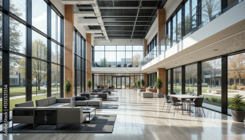 Modern Open Space Office with Abundant Natural Light and Greenery