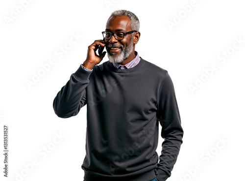Older man smiling while talking on the phone, against a transparent PNG background