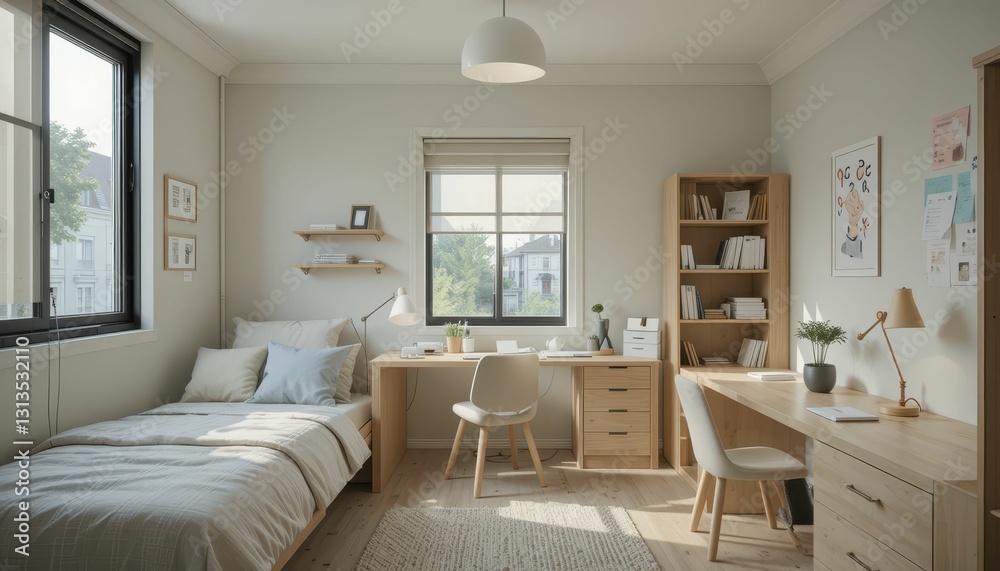 Cozy Modern Bedroom and Workspace with Natural Light and Decor