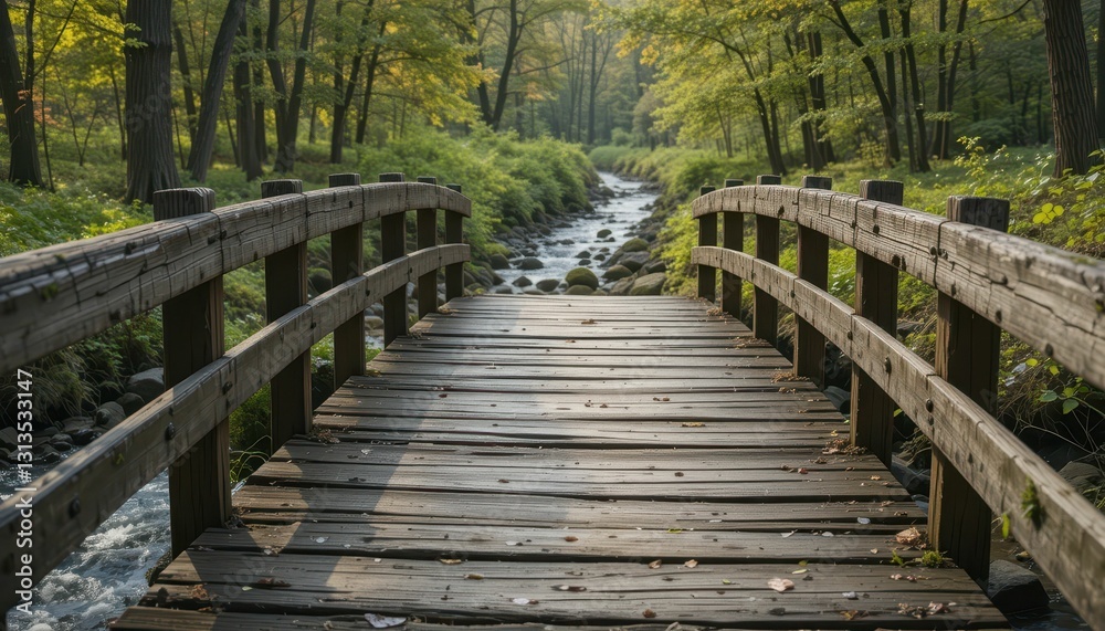 Tranquil Wooden Bridge Over a Gentle Stream in Autumn Forest Tranquil Wooden Bridge Over a Gentle Stream in Autumn Forest