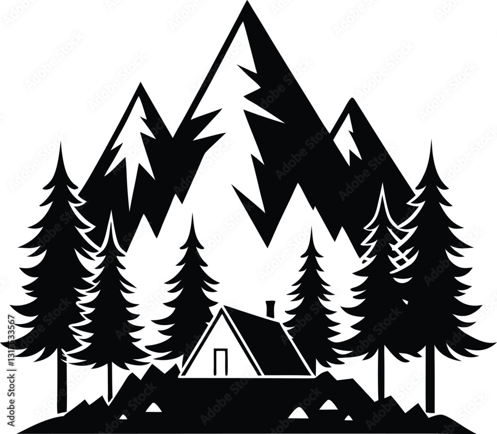 Obraz premium Black silhouette of mountains and fir trees, Vector Icon