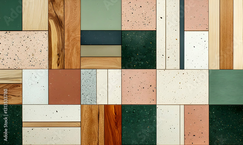 Colorful Abstract Arrangement of Geometric Wooden and Stone Patterns