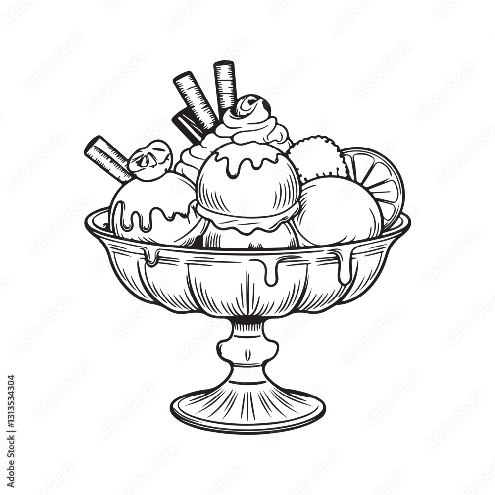 Black and White Line Drawing of Ice Cream Sundae with Toppings in Ornate Glass Bowl Black and White Line Drawing of Ice Cream Sundae with Toppings in Ornate Glass Bowl
