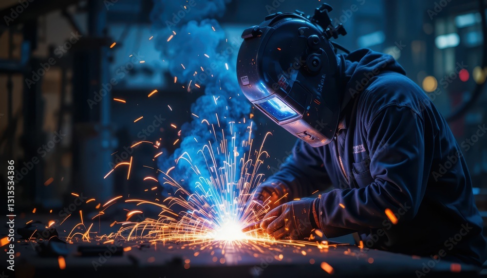 Skilled Welder Creating Sparks in Workshop Environment at Night Skilled Welder Creating Sparks in Workshop Environment at Night