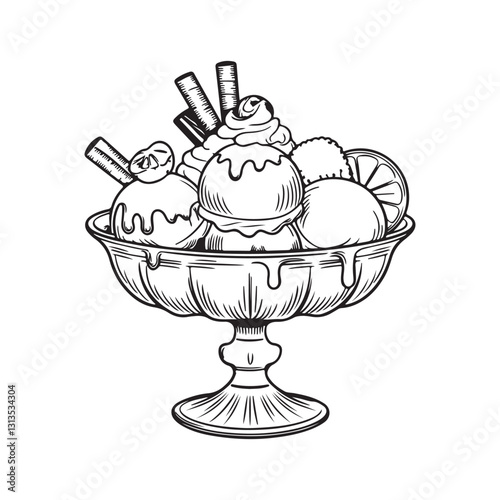 Black and White Line Drawing of Ice Cream Sundae with Toppings in Ornate Glass Bowl