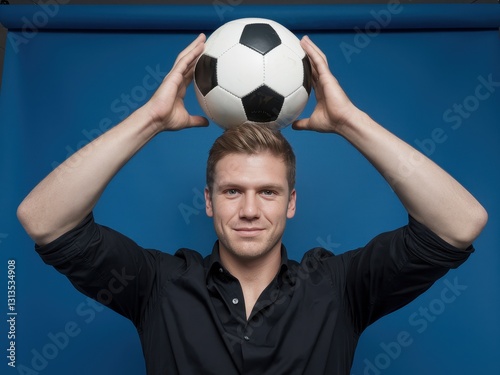 Male Athlete Holding a Soccer Ball Overhead in a Studio Setting