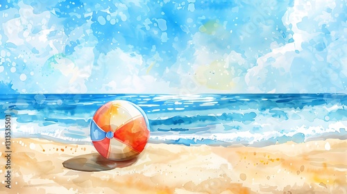 A hand-painted watercolor illustration of a cute beach ball bouncing on soft sand, with gentle waves in the background, 8k UHD, suitable for high-quality printing or digital display. 