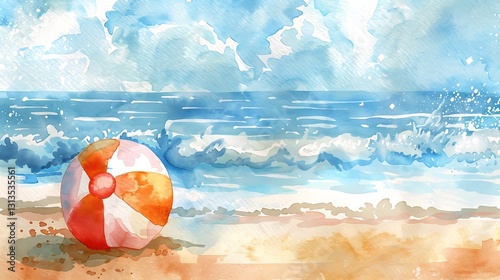 A hand-painted watercolor illustration of a cute beach ball bouncing on soft sand, with gentle waves in the background, 8k UHD, suitable for high-quality printing or digital display. 