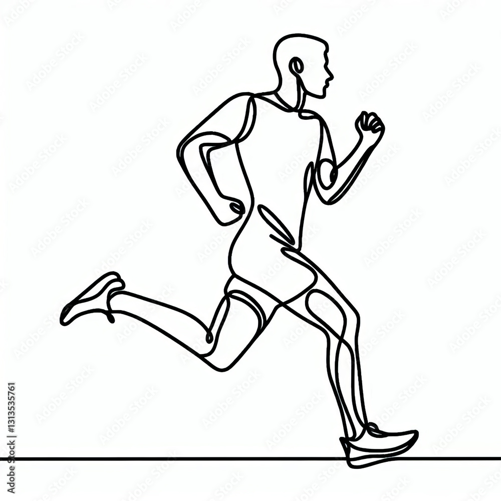 Minimalistic one-line drawing of a running man in sportswear, representing fitness, health, and an active lifestyle Minimalistic one-line drawing of a running man in sportswear, representing fitness, health, and an active lifestyle