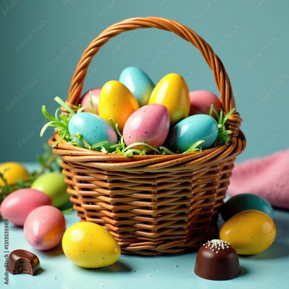 Festive wicker basket overflowing with colorful Easter eggs and gourmet chocolates , gift basket, sweet treats, food Festive wicker basket overflowing with colorful Easter eggs and gourmet chocolates , gift basket, sweet treats, food