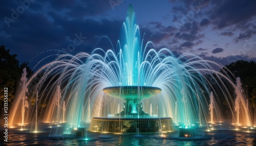 Wallpaper Mural Colorful Water Fountain with Illuminated Jets at Dusk Torontodigital.ca