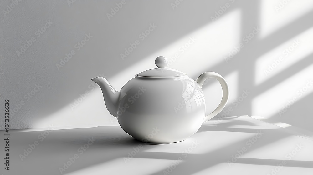 White teapot on white surface with sunlight shadows White teapot on white surface with sunlight shadows