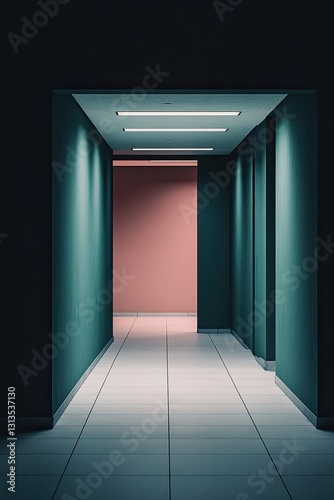 Empty corridor  teal and pink walls  minimalist hallway