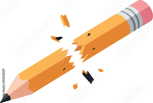 Broken yellow pencil with pink eraser and scattered wood shavings in a flat, minimal design style vector illustration