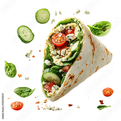A Fresh Spinach and Feta Wrap with Hummus Cucumbers Burrito Isolated on Transparent Background