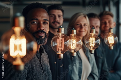 A diverse team of professionals holding illuminated light bulbs, symbolizing innovation and bright ideas.
