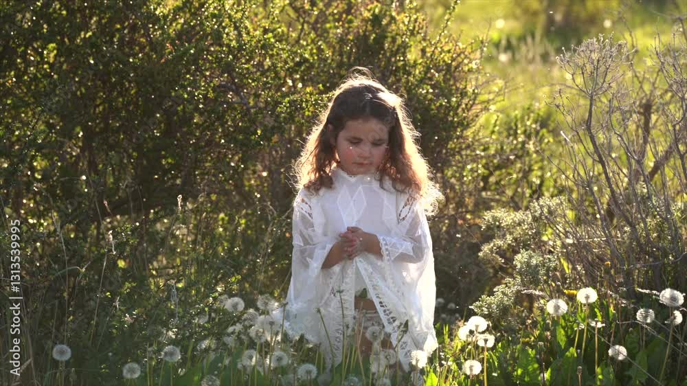 Little girl in white dress blowing dandelion flowers and playing with petals, beautiful back light. 