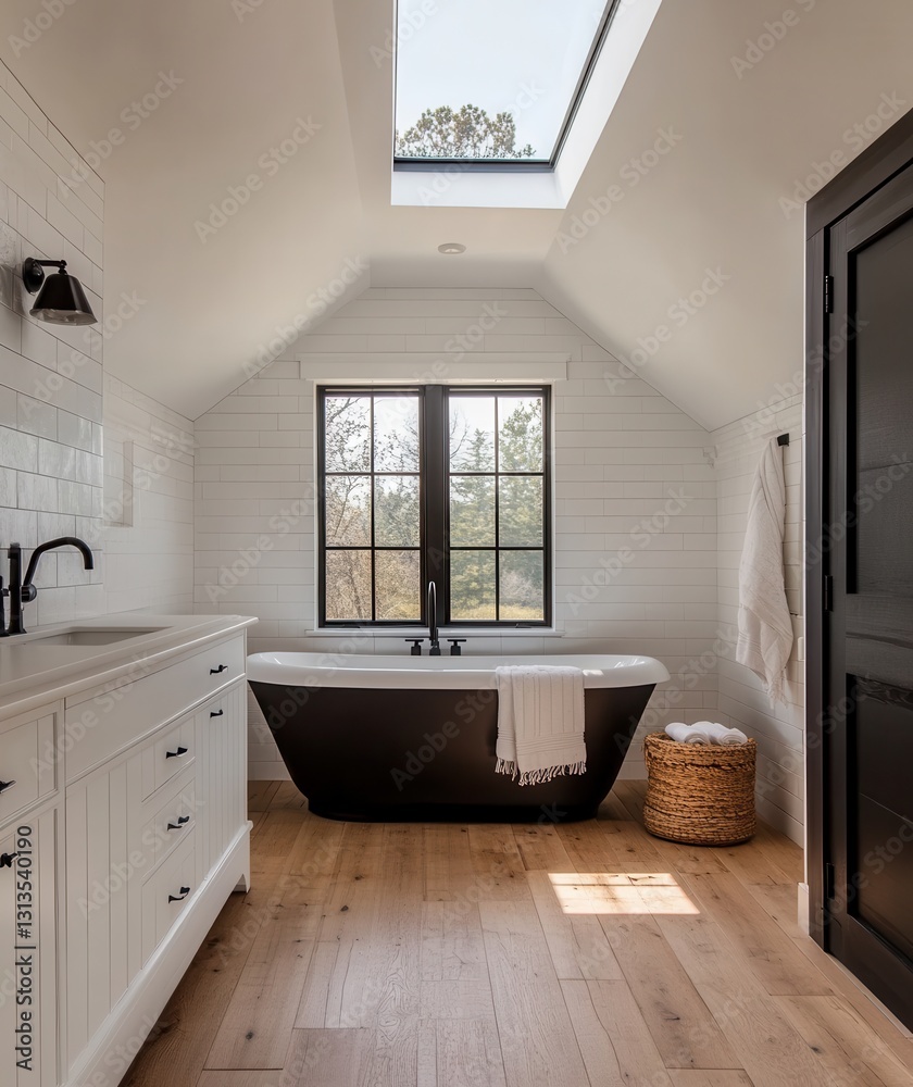 Modern bathroom design featuring freestanding tub, black accents, wooden floor, natural light, large window, minimalist decor, and spacious layout Modern bathroom design featuring freestanding tub, black accents, wooden floor, natural light, large window, minimalist decor, and spacious layout