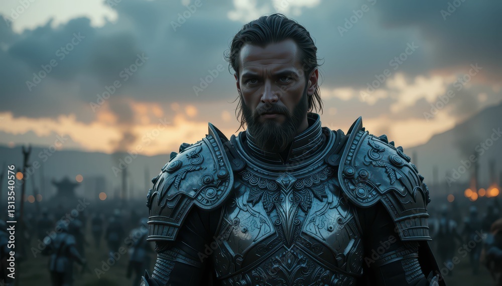 Warrior in Shining Armor on Battlefield at Dusk Warrior in Shining Armor on Battlefield at Dusk