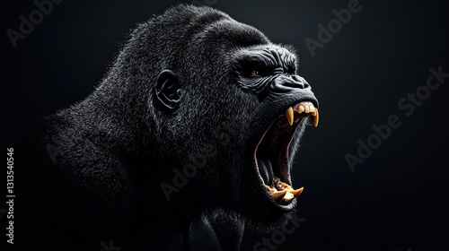 Fierce gorilla roaring against a dark background.