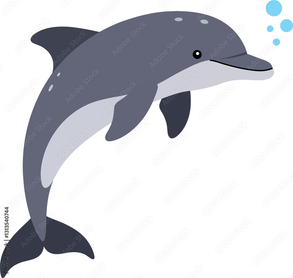 Obraz premium Playful dolphin swimming gracefully in a vibrant blue ocean, showcasing flat design style with cheerful bubbles, vector illustration