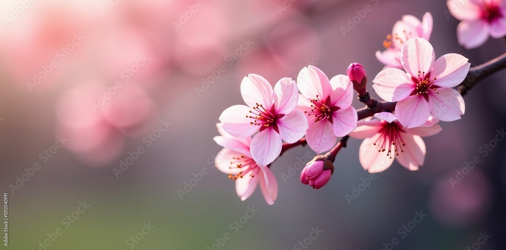 Fototapeta premium Close up of pastel pink flowers on thin branch, soft focus, petals, soft