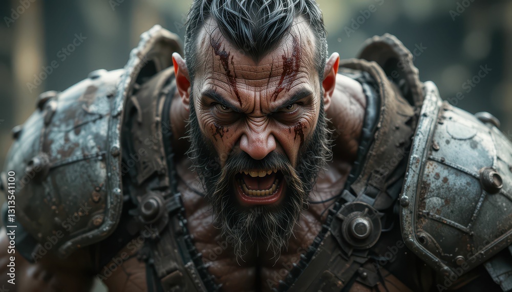 Intense Warrior with Battle Armor Showing Fierce Expression in Combat Intense Warrior with Battle Armor Showing Fierce Expression in Combat