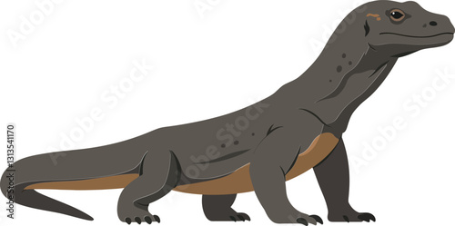 A detailed illustration of a Komodo dragon in a flat design style showcasing its distinctive features and natural posture as it stands confidently on a plain surface, vector art