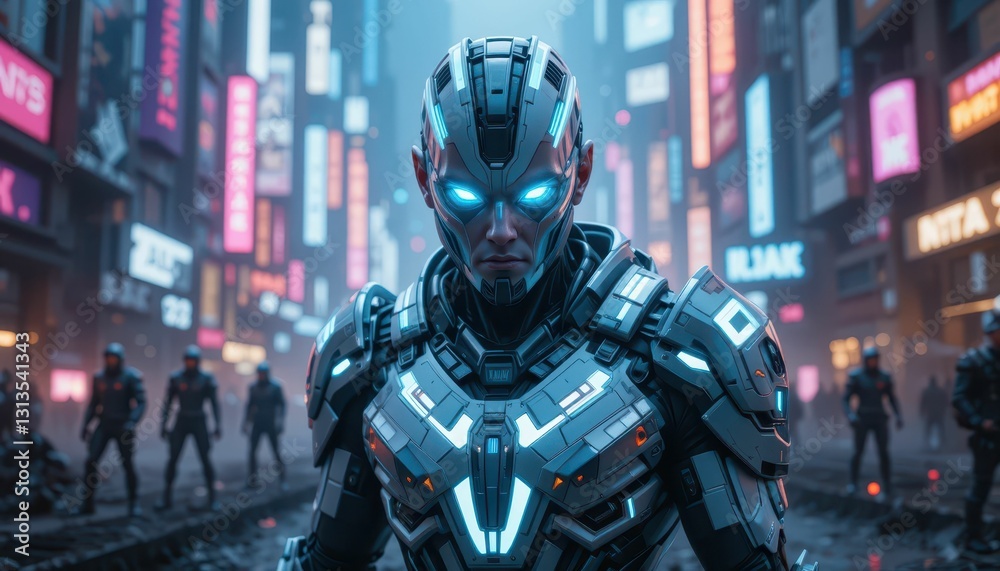 Futuristic Cybernetic Soldier in Neon City Amidst Advanced Technology Futuristic Cybernetic Soldier in Neon City Amidst Advanced Technology