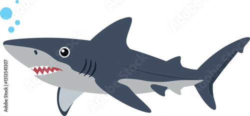 A cartoon shark swimming gracefully in the ocean, showcasing a flat design style with vibrant colors and playful expression, vector illustration