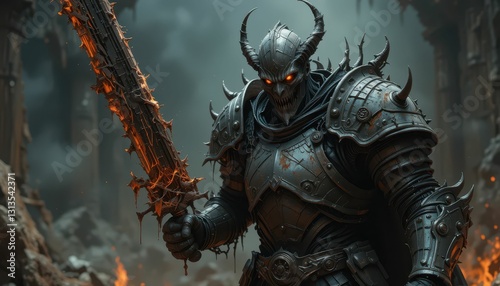 Dreaded Dark Knight with Fiery Sword in Ruined Environment