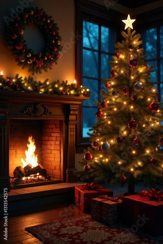 Crackling fireplace  twinkling lights on a plush decorated Christmas tree  gifts piled nearby   calm  room