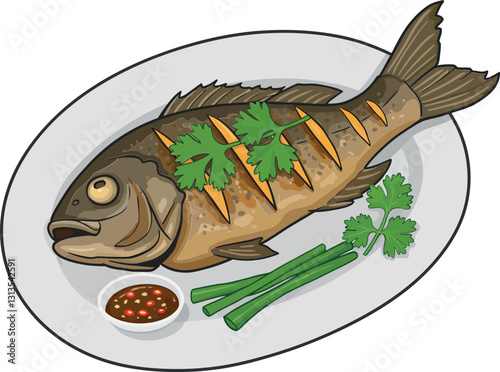 Grilled fish garnished with fresh herbs and sauce on a white plate in a minimal flat vector illustration