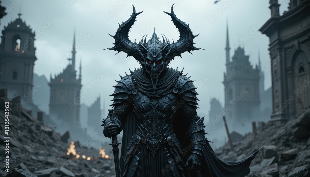 Dark Fantasy Warrior in Abandoned Ruins with Ominous Atmosphere Dark Fantasy Warrior in Abandoned Ruins with Ominous Atmosphere