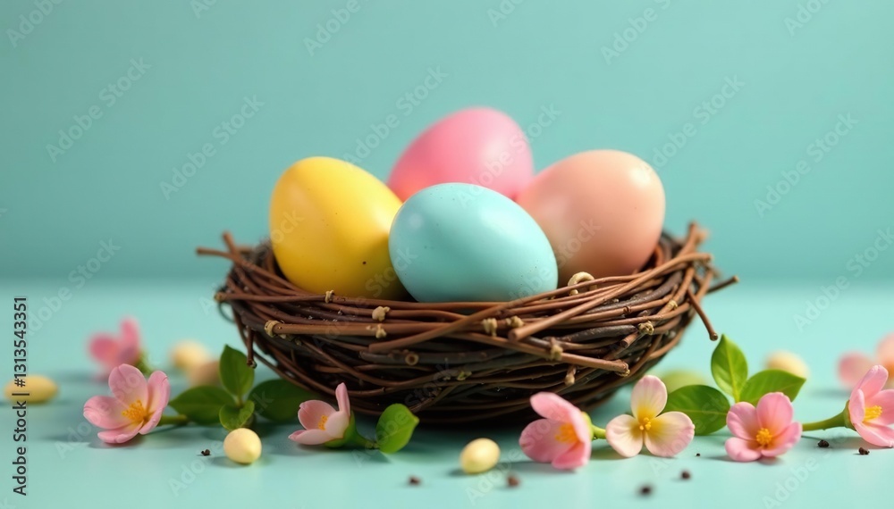 Naklejka premium Miniature bird's nest cradles vibrant pastel Easter eggs , eggs, bird nest