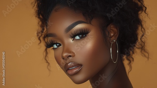 Close-up portrait of a Black woman with glamorous makeup and large hoop earrings. Perfect for beauty, fashion, or cosmetics advertising.