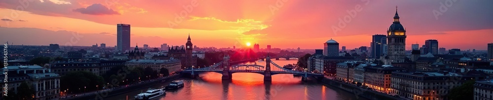 Naklejka premium Stunning London cityscape at sunset; iconic structures prominent , london, cityscape, light