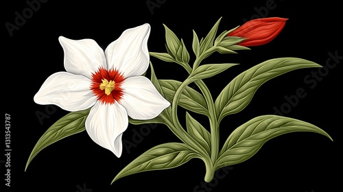 White Flower with Red Bud Botanical Illustration
