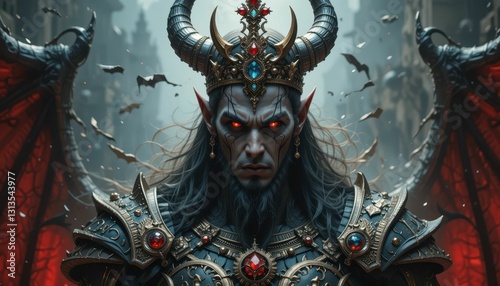 Dark fantasy character with horns and intricate crown design