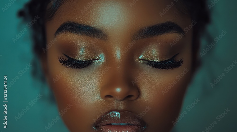 Φωτογραφία Close-up of a woman's face, eyes closed, glowing skin, and shimmery makeup