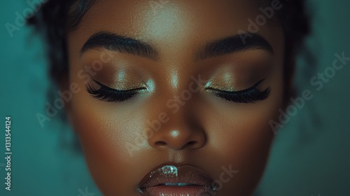 Close-up of a woman's face, eyes closed, glowing skin, and shimmery makeup. Ideal for beauty, cosmetics, and skincare, evokes calmness and luxury.