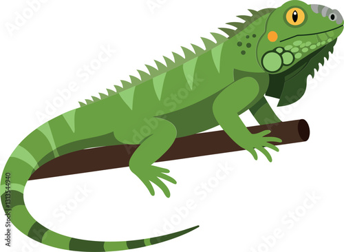 Green iguana perched on a brown branch in a flat  minimal design showcasing vibrant colors and simple shapes  vector illustration