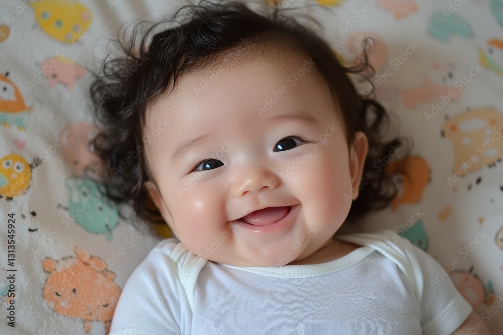 Adorable baby with curly hair smiles happily on a colorful blanket. Perfect for illustrating themes of joy, infancy, and childhood. Adorable baby with curly hair smiles happily on a colorful blanket. Perfect for illustrating themes of joy, infancy, and childhood.